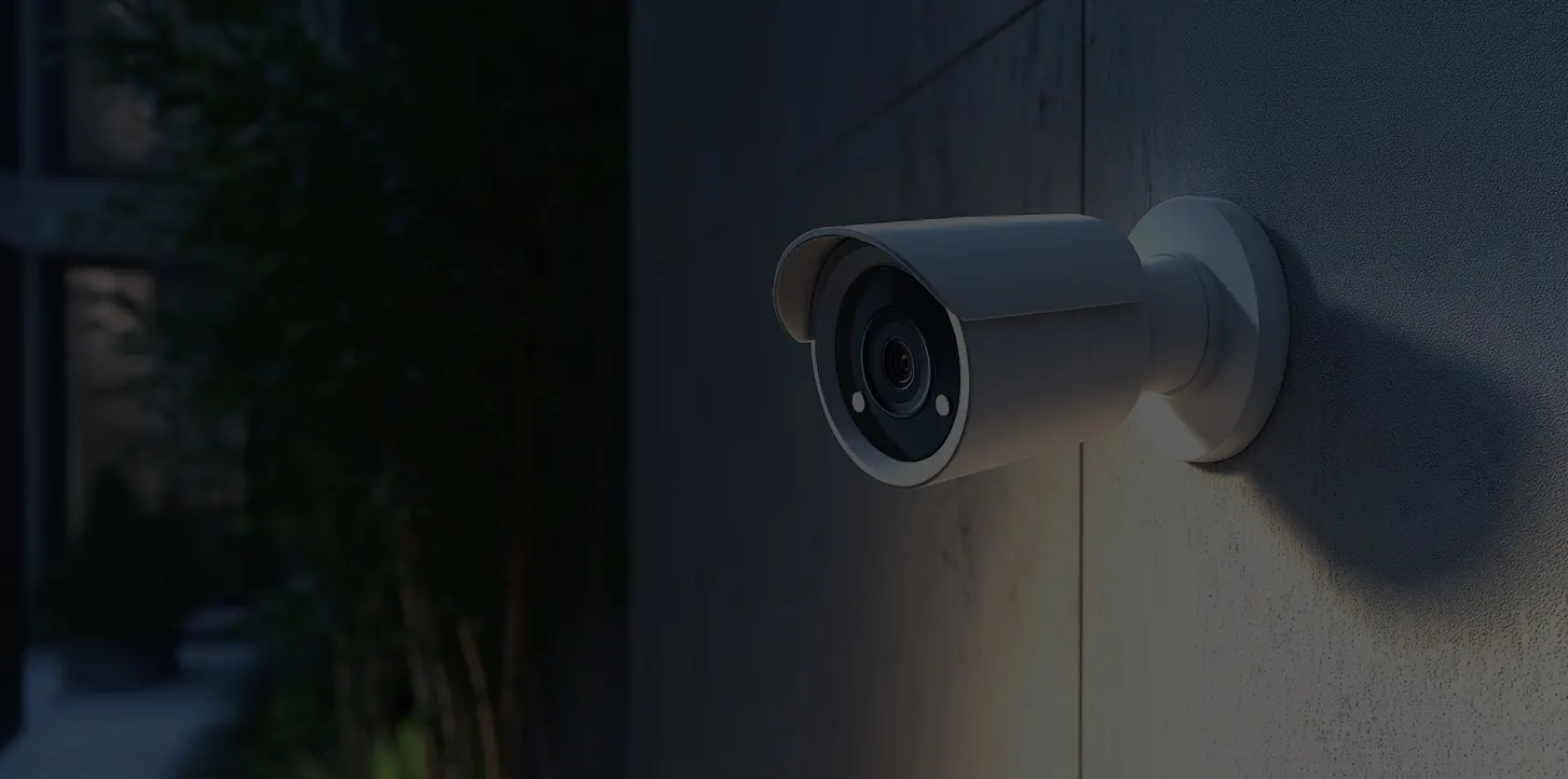 Exterior CCTV security camera at dusk